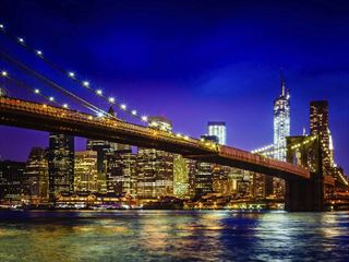 Brooklyn Bridge with view of Downtown Manhattan, New York